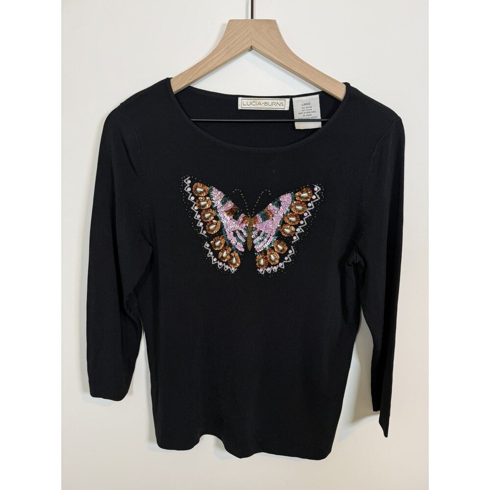 VTG Lucia Burns Shirt Black Ribbed Knit Butterfly Beaded Top 3/4 Sleeve Sz L